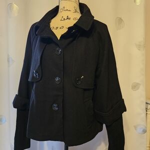 Calvin Klein Black Pea Coat 60% Wool Warm Jacket
